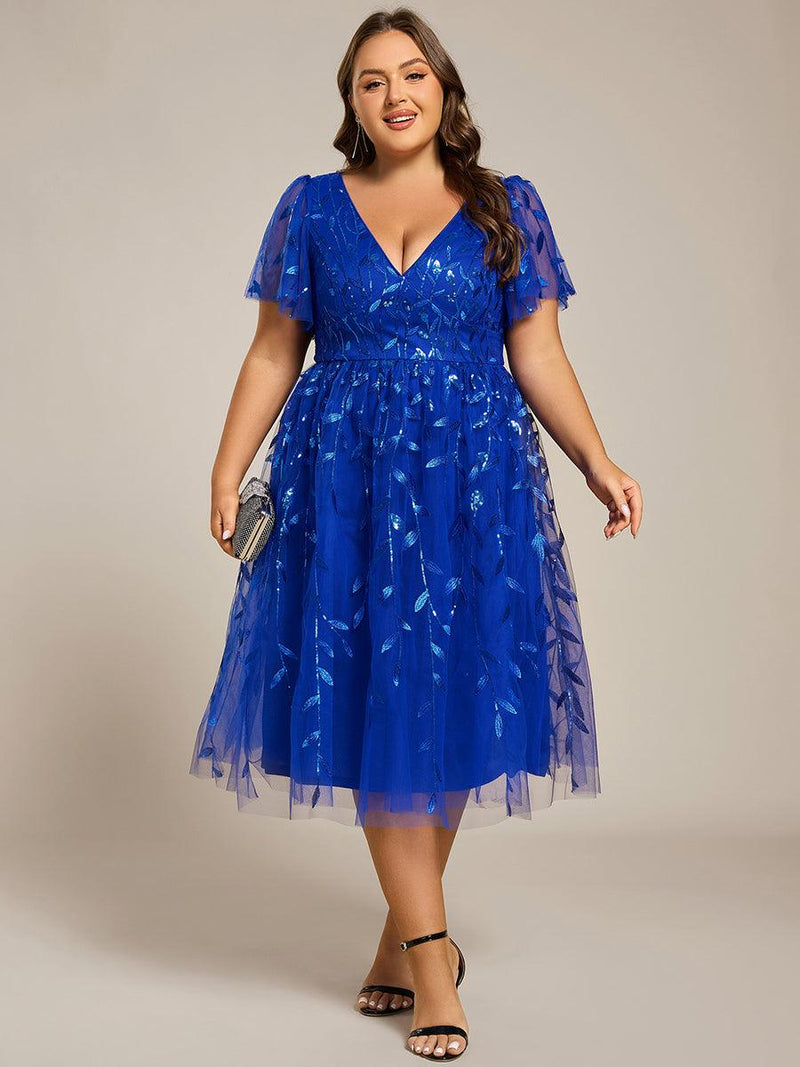 ever SIMONE|Short Sleeves Leaf Sequin A-Line Midi Formal Wedding Guest Dress