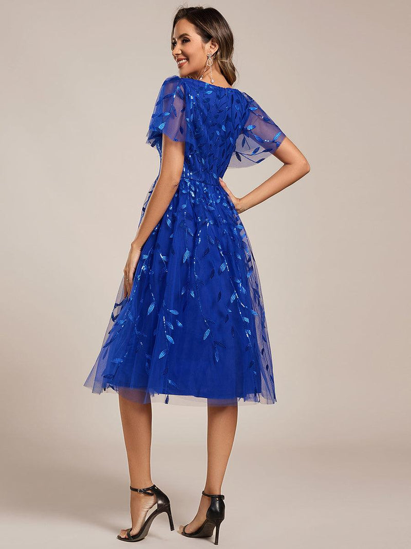 ever SIMONE|Short Sleeves Leaf Sequin A-Line Midi Formal Wedding Guest Dress
