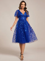 ever SIMONE|Short Sleeves Leaf Sequin A-Line Midi Formal Wedding Guest Dress