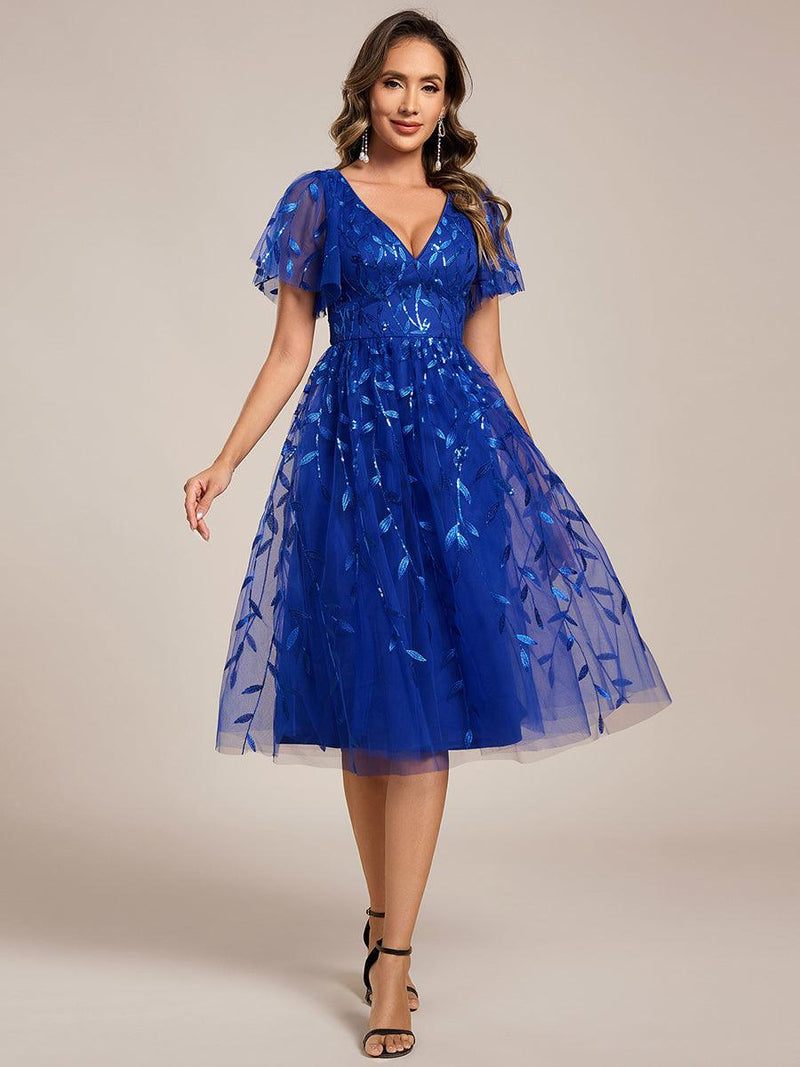 ever SIMONE|Short Sleeves Leaf Sequin A-Line Midi Formal Wedding Guest Dress