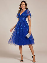 ever SIMONE|Short Sleeves Leaf Sequin A-Line Midi Formal Wedding Guest Dress