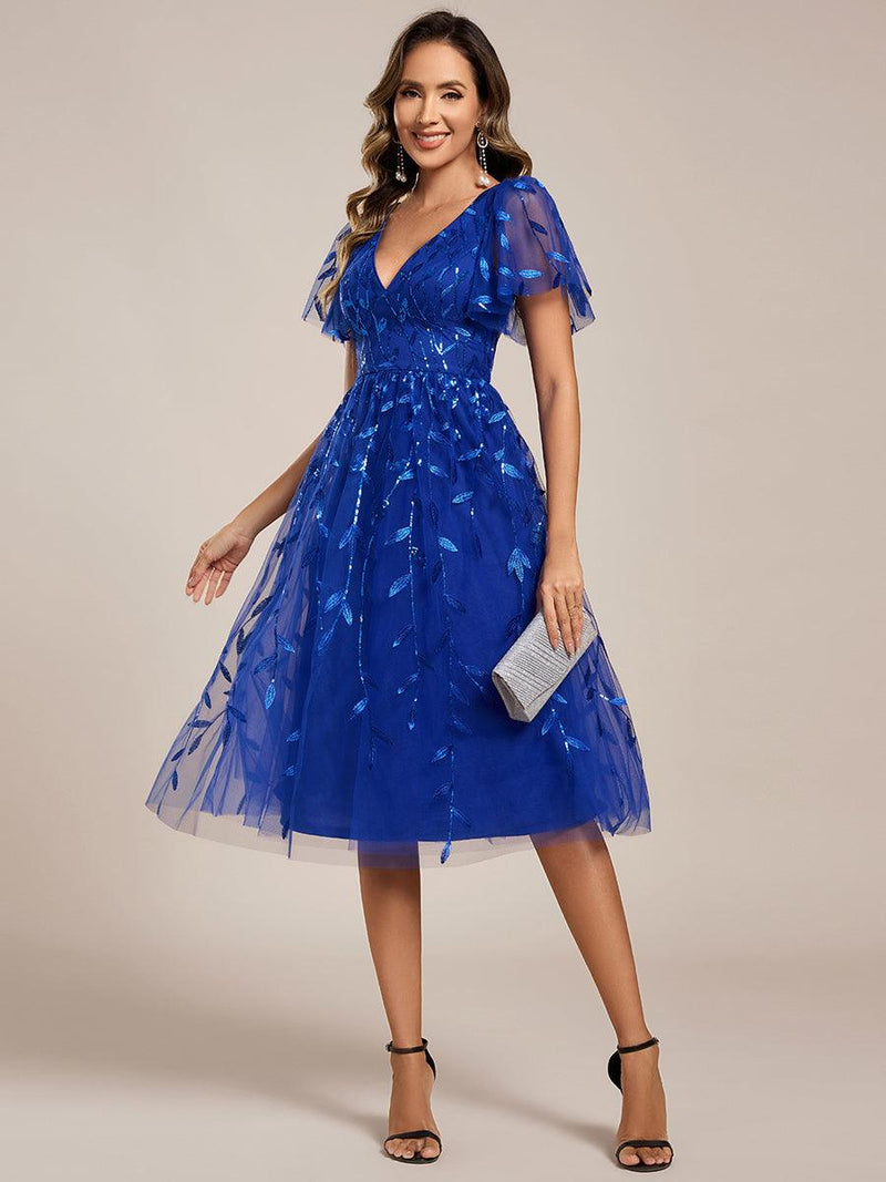 ever SIMONE|Short Sleeves Leaf Sequin A-Line Midi Formal Wedding Guest Dress