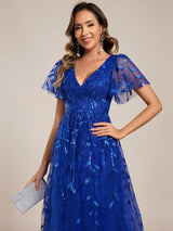 ever SIMONE|Short Sleeves Leaf Sequin A-Line Midi Formal Wedding Guest Dress