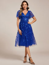 ever SIMONE|Short Sleeves Leaf Sequin A-Line Midi Formal Wedding Guest Dress