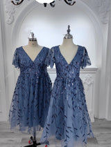 ever SIMONE|Short Sleeves Leaf Sequin A-Line Midi Formal Wedding Guest Dress