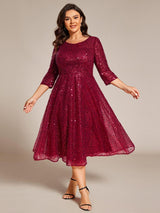 pretty SIENNA|Plus Size 3/4 Sleeve Midi Round Neck A-Line Sequin Wedding Guest Dress