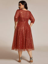 pretty SIENNA|Plus Size 3/4 Sleeve Midi Round Neck A-Line Sequin Wedding Guest Dress