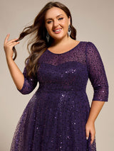 pretty SIENNA|Plus Size 3/4 Sleeve Midi Round Neck A-Line Sequin Wedding Guest Dress