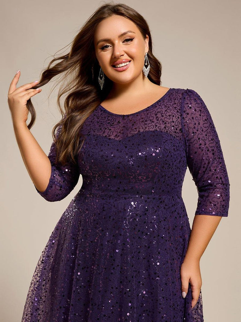 pretty SIENNA|Plus Size 3/4 Sleeve Midi Round Neck A-Line Sequin Wedding Guest Dress