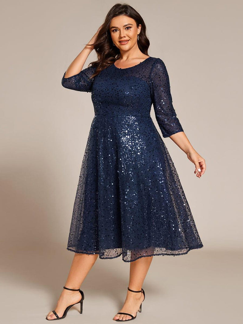 pretty SIENNA|Plus Size 3/4 Sleeve Midi Round Neck A-Line Sequin Wedding Guest Dress