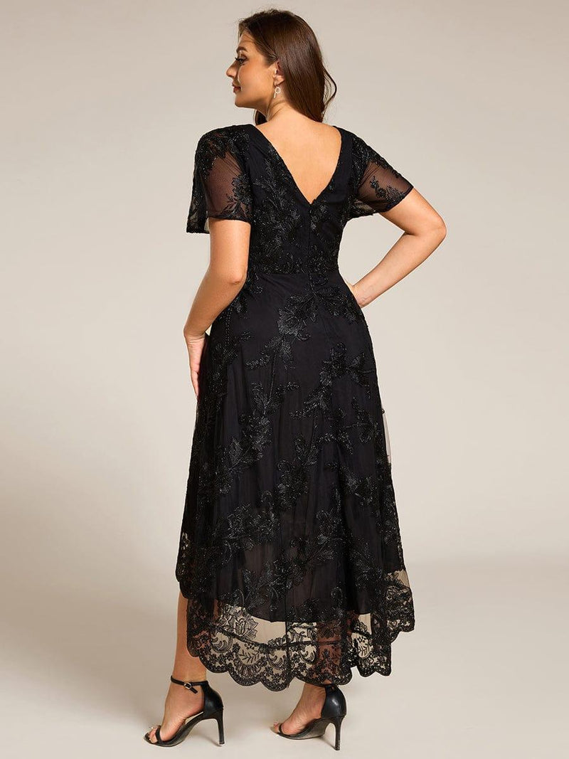 ever TIDAL|Embroidered Mesh Double V-Neck Short Sleeves Midi Wedding Guest Dress