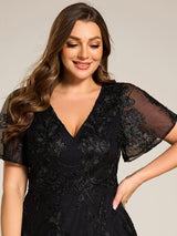 pretty TIDAL|Plus Size Short Sleeves Embroidered Mesh A-Line V-Neck Midi Wedding Guest Dress