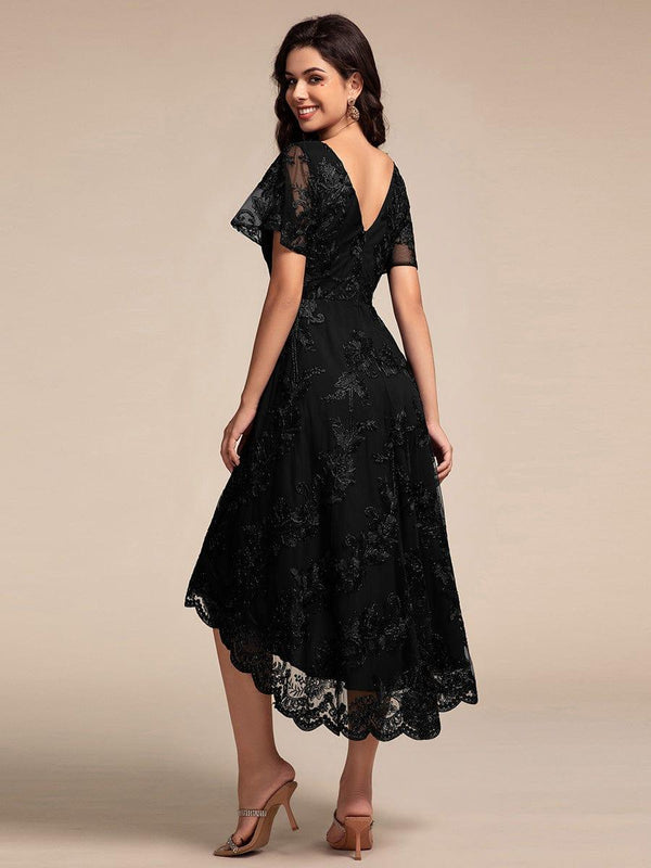 ever TIDAL|Embroidered Mesh Double V-Neck Short Sleeves Midi Wedding Guest Dress