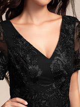ever TIDAL|Embroidered Mesh Double V-Neck Short Sleeves Midi Wedding Guest Dress