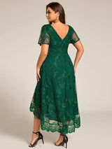 ever TIDAL|Embroidered Mesh Double V-Neck Short Sleeves Midi Wedding Guest Dress