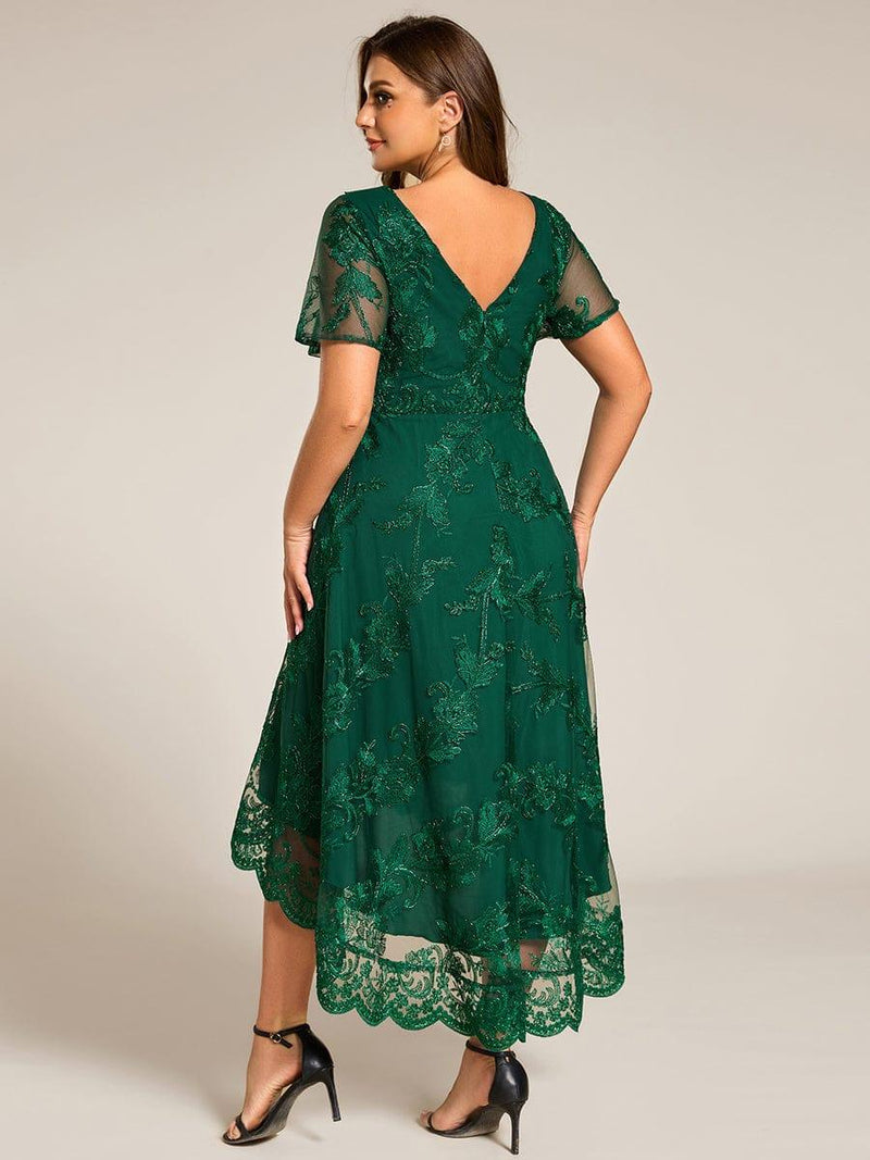 ever TIDAL|Embroidered Mesh Double V-Neck Short Sleeves Midi Wedding Guest Dress