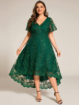 ever TIDAL|Embroidered Mesh Double V-Neck Short Sleeves Midi Wedding Guest Dress