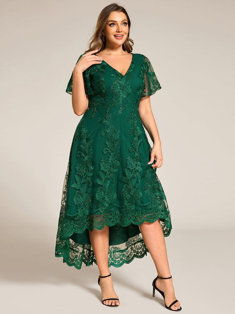 ever TIDAL|Embroidered Mesh Double V-Neck Short Sleeves Midi Wedding Guest Dress