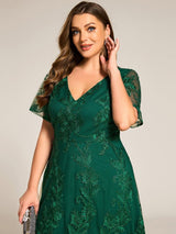 ever TIDAL|Embroidered Mesh Double V-Neck Short Sleeves Midi Wedding Guest Dress
