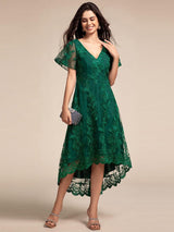 ever TIDAL|Embroidered Mesh Double V-Neck Short Sleeves Midi Wedding Guest Dress