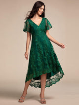 ever TIDAL|Embroidered Mesh Double V-Neck Short Sleeves Midi Wedding Guest Dress