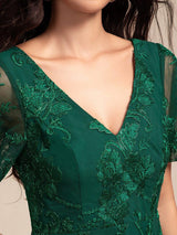 ever TIDAL|Embroidered Mesh Double V-Neck Short Sleeves Midi Wedding Guest Dress
