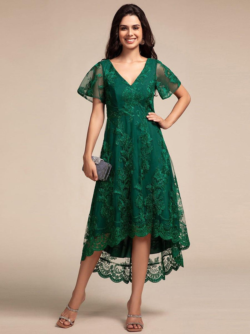 ever TIDAL|Embroidered Mesh Double V-Neck Short Sleeves Midi Wedding Guest Dress