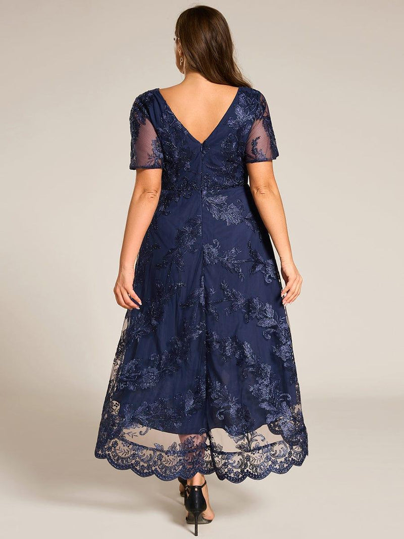 pretty TIDAL|Plus Size Short Sleeves Embroidered Mesh A-Line V-Neck Midi Wedding Guest Dress