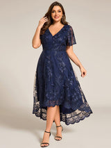 pretty TIDAL|Plus Size Short Sleeves Embroidered Mesh A-Line V-Neck Midi Wedding Guest Dress