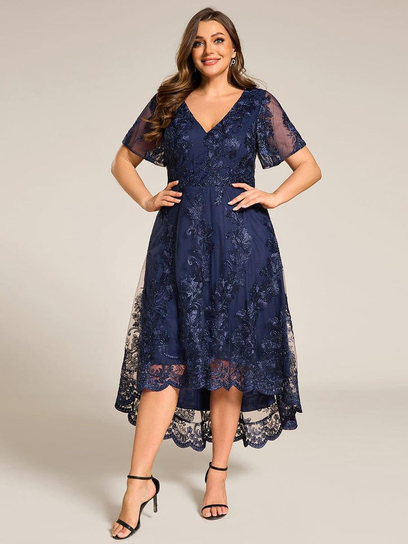 ever TIDAL|Embroidered Mesh Double V-Neck Short Sleeves Midi Wedding Guest Dress