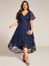 ever TIDAL|Embroidered Mesh Double V-Neck Short Sleeves Midi Wedding Guest Dress