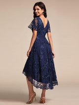 ever TIDAL|Embroidered Mesh Double V-Neck Short Sleeves Midi Wedding Guest Dress