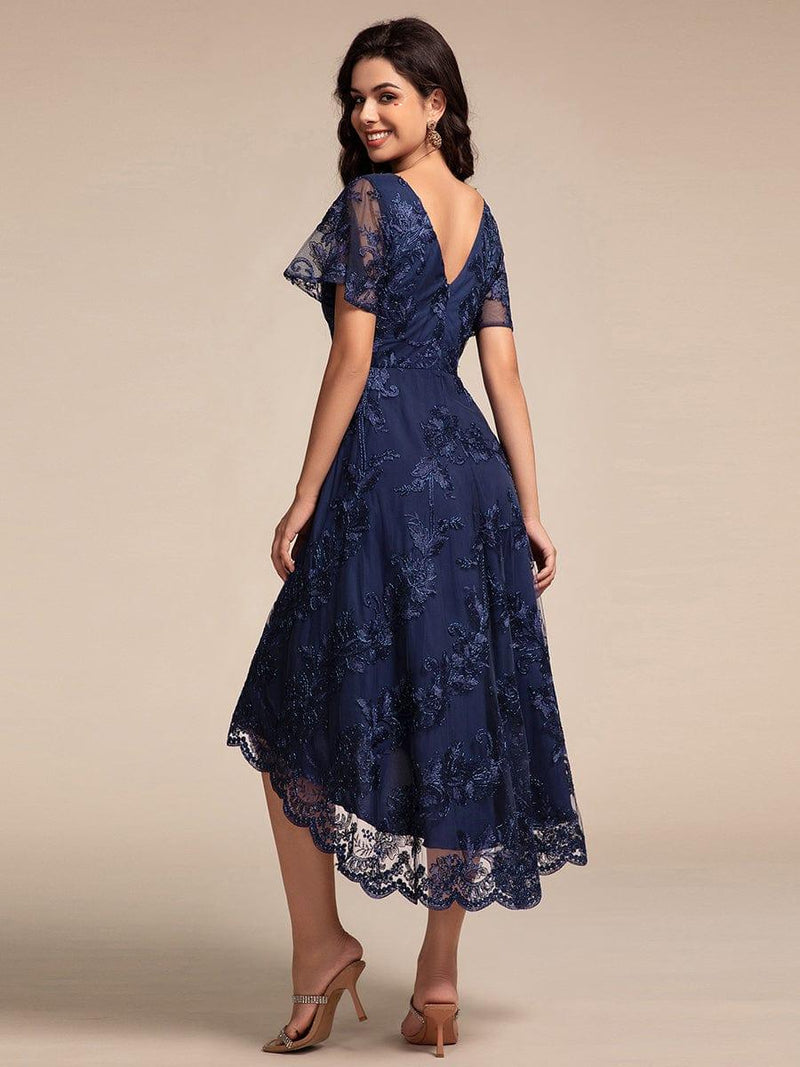 ever TIDAL|Embroidered Mesh Double V-Neck Short Sleeves Midi Wedding Guest Dress