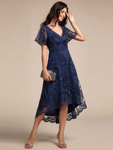 ever TIDAL|Embroidered Mesh Double V-Neck Short Sleeves Midi Wedding Guest Dress