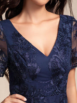 ever TIDAL|Embroidered Mesh Double V-Neck Short Sleeves Midi Wedding Guest Dress