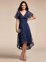 ever TIDAL|Embroidered Mesh Double V-Neck Short Sleeves Midi Wedding Guest Dress