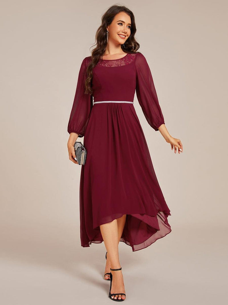 ever AMYRA|Long Sleeve Waist Chain Round Neckline Midi Chiffon Wedding Guest Dress
