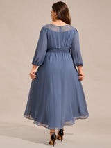 pretty AMYRA|Plus Size Lace Round Neck Long Sleeve Chiffon Midi Wedding Guest Dress