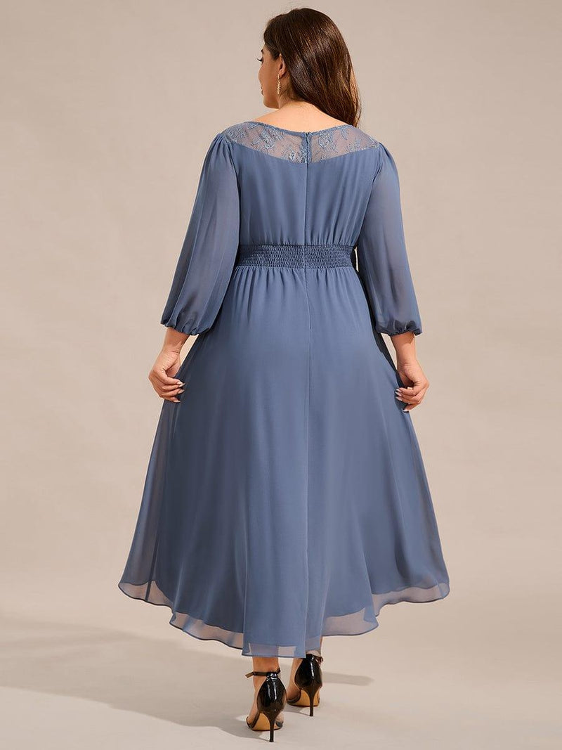 pretty AMYRA|Plus Size Lace Round Neck Long Sleeve Chiffon Midi Wedding Guest Dress