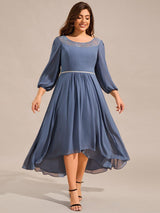 pretty AMYRA|Plus Size Lace Round Neck Long Sleeve Chiffon Midi Wedding Guest Dress