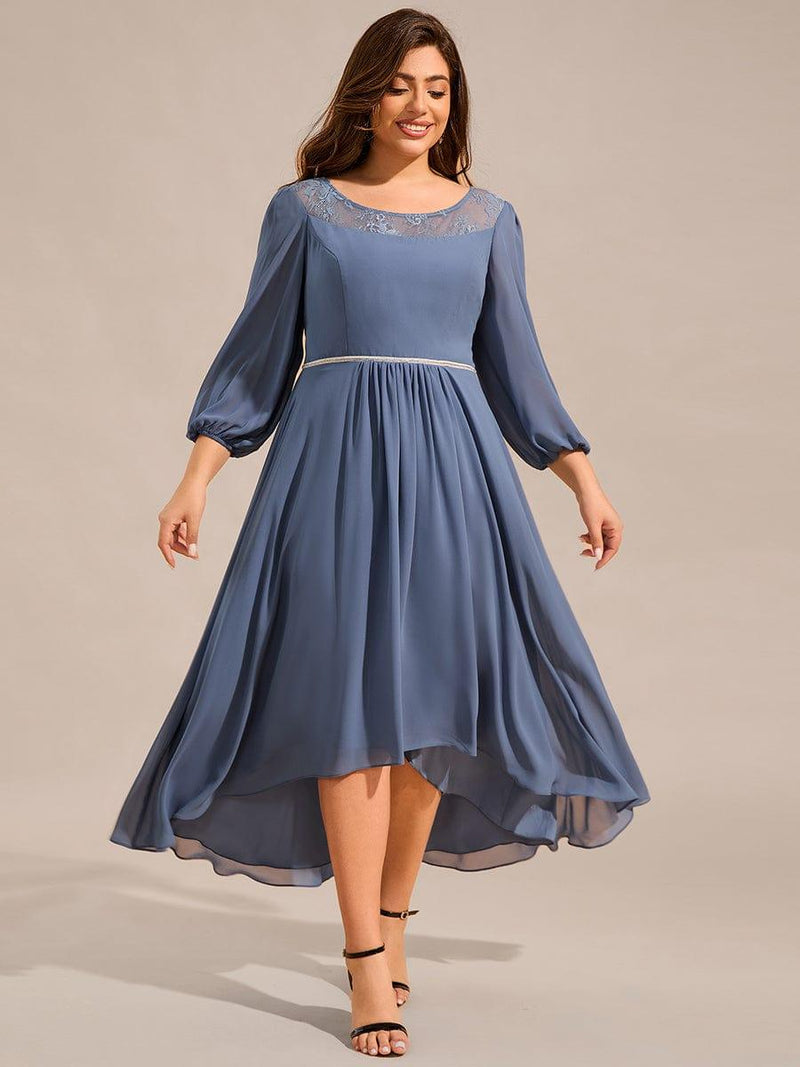 pretty AMYRA|Plus Size Lace Round Neck Long Sleeve Chiffon Midi Wedding Guest Dress