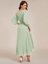 ever AMYRA|Long Sleeve Waist Chain Round Neckline Midi Chiffon Wedding Guest Dress