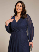 pretty BRISTOL|Plus Size Pleated Long Sleeve V-Neck Midi Glitter Wedding Guest Dress