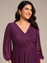 ever BRISTOL|Glitter Long Sleeve V-Neck A-Line Midi Wedding Guest Dress