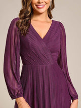 ever BRISTOL|Glitter Long Sleeve V-Neck A-Line Midi Wedding Guest Dress