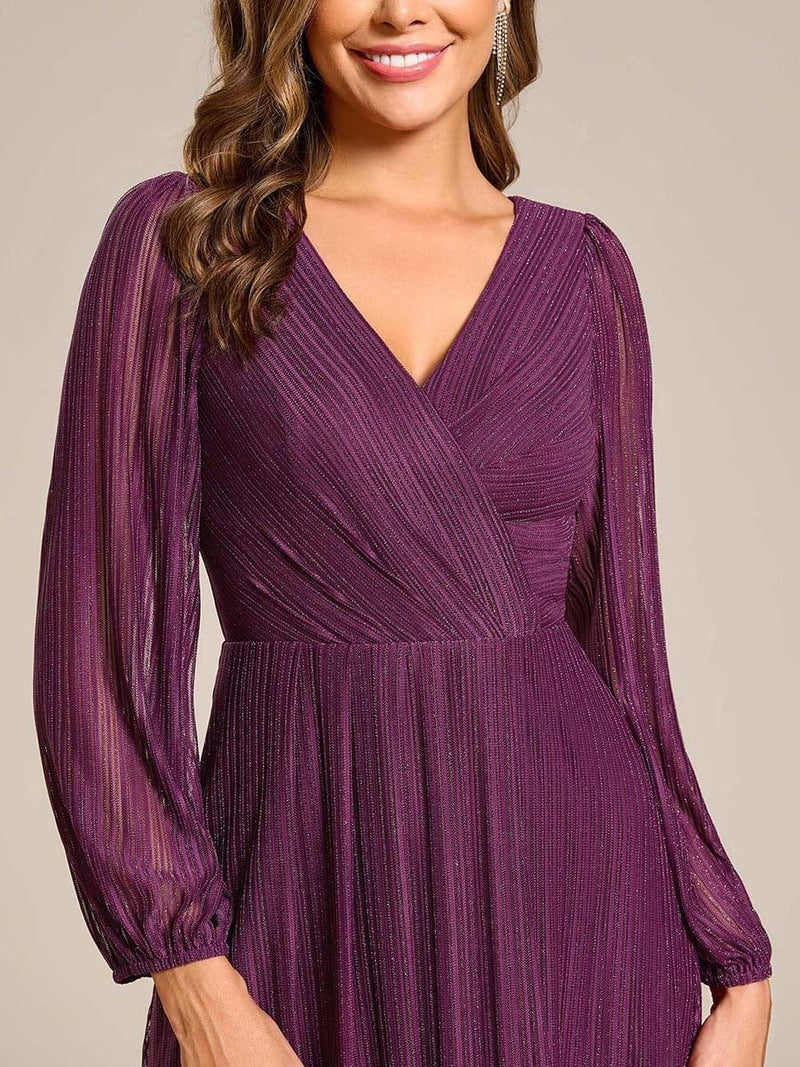 ever BRISTOL|Glitter Long Sleeve V-Neck A-Line Midi Wedding Guest Dress