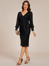 ever MAZIE|Sequin Long Sleeve Pencil Bodycon V-Neck Midi Wedding Guest Dress