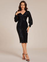 ever MAZIE|Sequin Long Sleeve Pencil Bodycon V-Neck Midi Wedding Guest Dress
