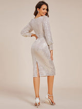 ever MAZIE|Sequin Long Sleeve Pencil Bodycon V-Neck Midi Wedding Guest Dress