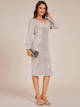 ever MAZIE|Sequin Long Sleeve Pencil Bodycon V-Neck Midi Wedding Guest Dress